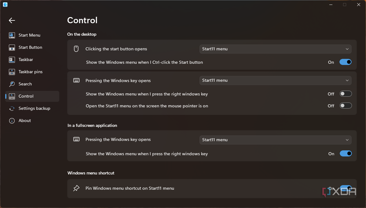 Screenshot of Start11 control settings