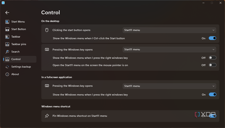 Screenshot of Start11 control settings