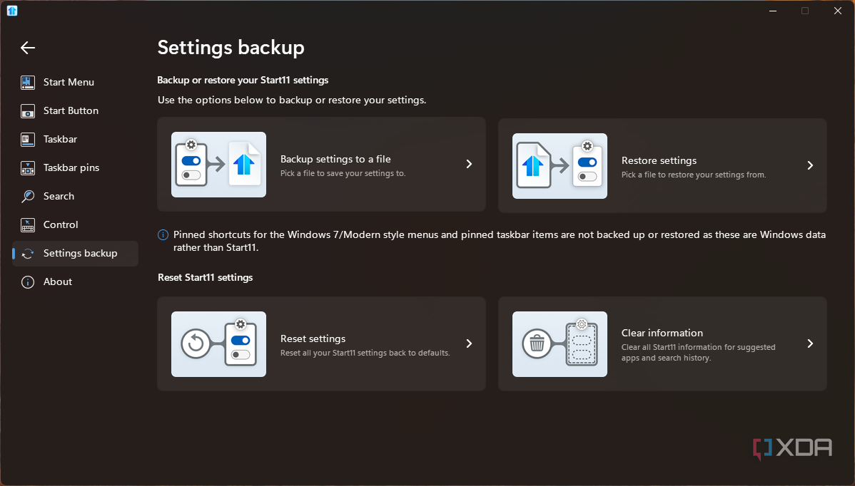 Screenshot fo Start11 backup settings