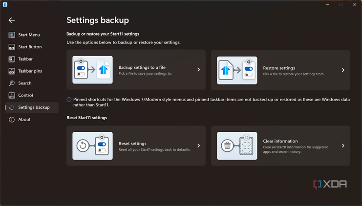 Screenshot fo Start11 backup settings