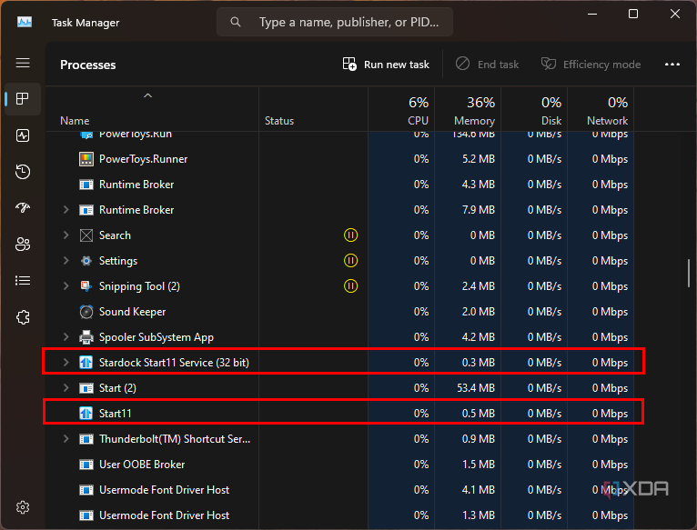 Screenshot of processes view in Task Manager with the Start11 processes highlighted