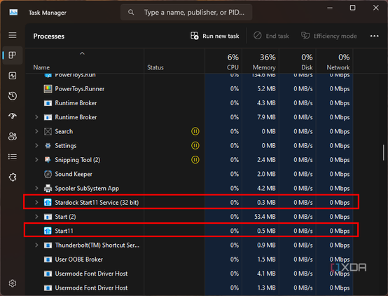 Screenshot of processes view in Task Manager with the Start11 processes highlighted