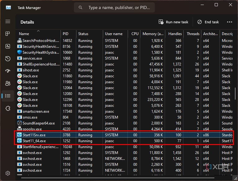 Screenshot of details view in Task Manager with the Start11 processes highlighted