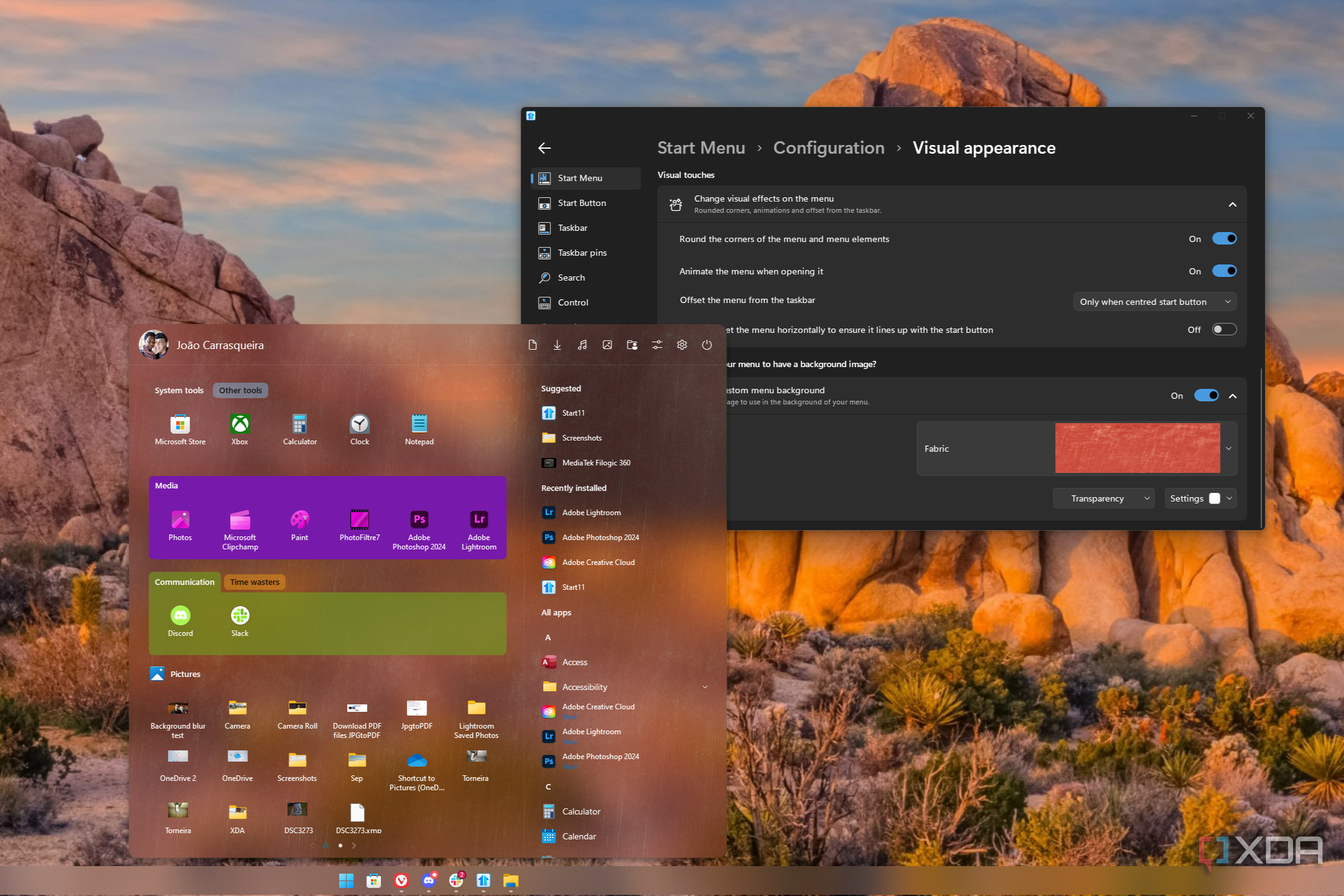 Screenshot of the Start11 Start menu with a custom background image and the Start11 configuration window behind it