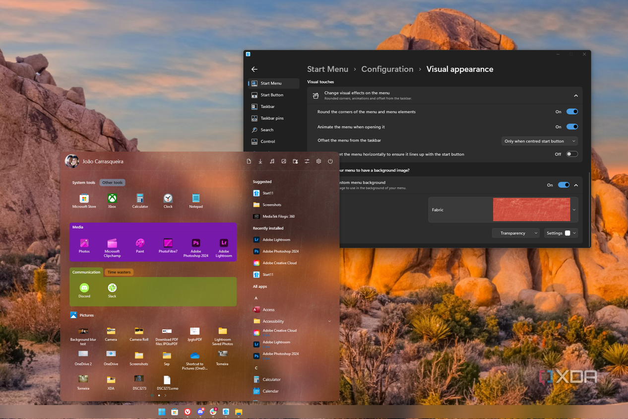 Screenshot of the Start11 Start menu with a custom background image and the Start11 configuration window behind it