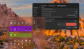 Screenshot of the Start11 Start menu with a custom background image and the Start11 configuration window behind it
