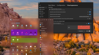 Screenshot of the Start11 Start menu with a custom background image and the Start11 configuration window behind it