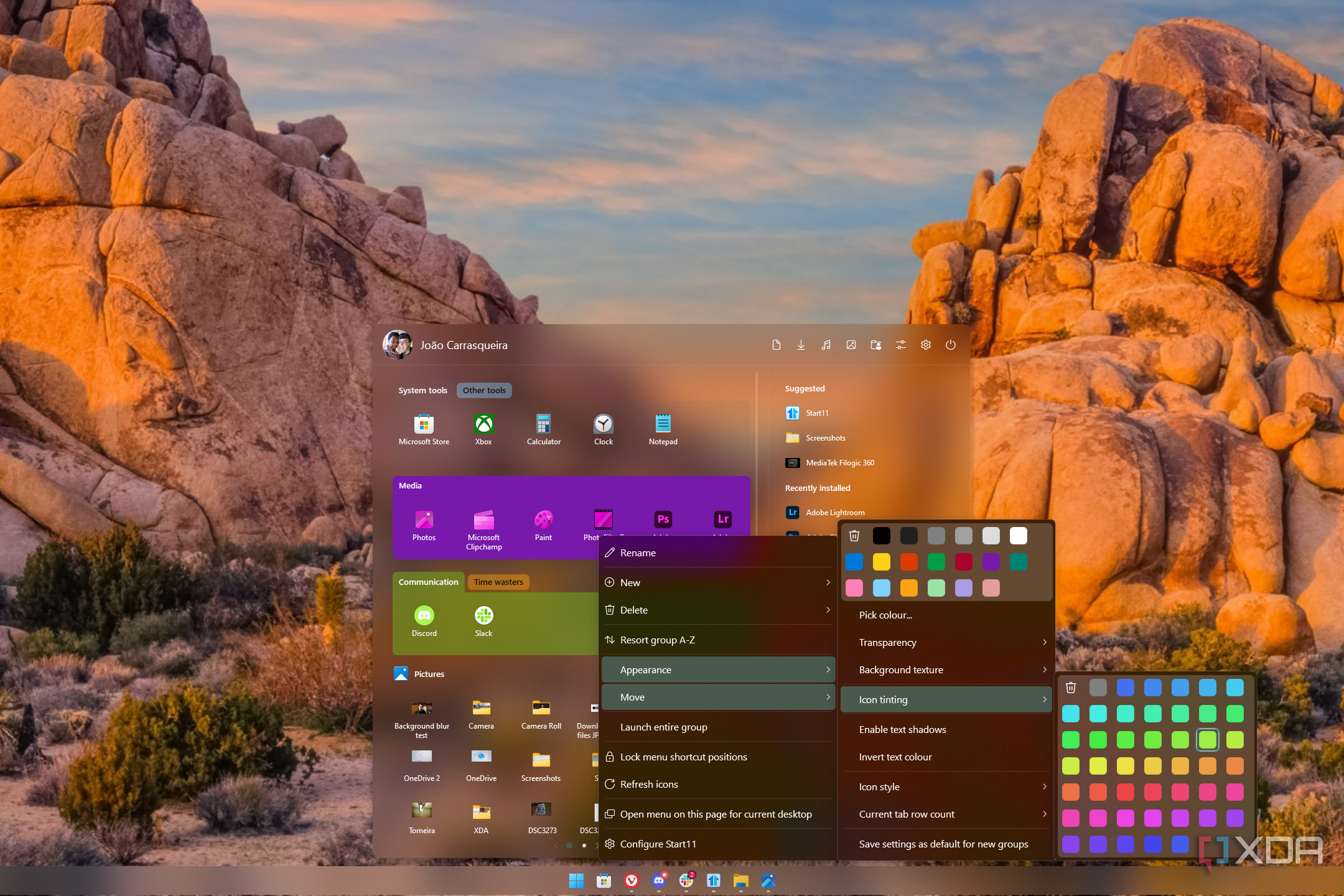 Screenshot of the Start11 Start menu with a context menu showing options for icon tinting in a group