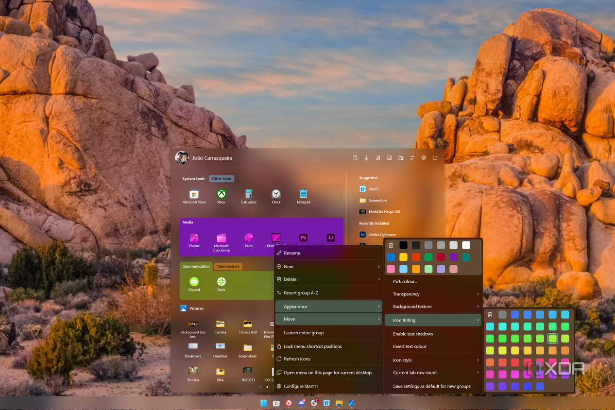 Screenshot of the Start11 Start menu with a context menu showing options for icon tinting in a group