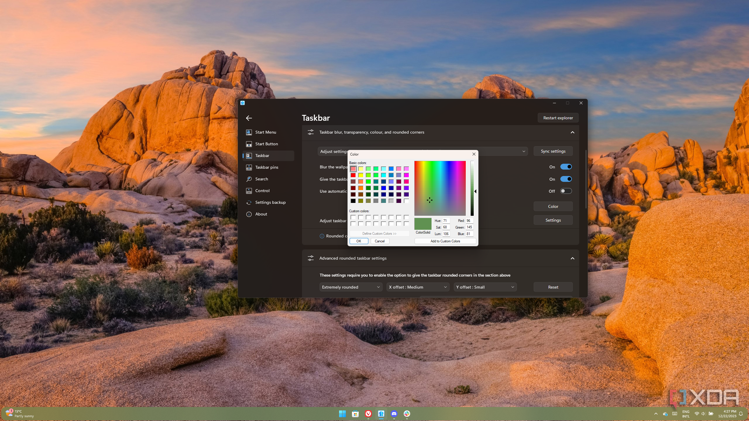 Screenshot of a Windows 11 desktop with a customized taskbar with rounded corners and the Start11 settings window open with the color picker over it