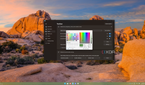 Screenshot of a Windows 11 desktop with a customized taskbar with rounded corners and the Start11 settings window open with the color picker over it