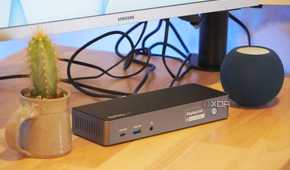 The Startech docking station connected to a monitor.