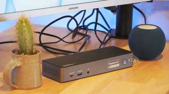 The Startech docking station connected to a monitor.