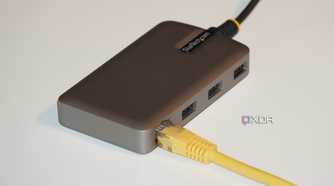 An Ethernet cable connected to a Startech dock.
