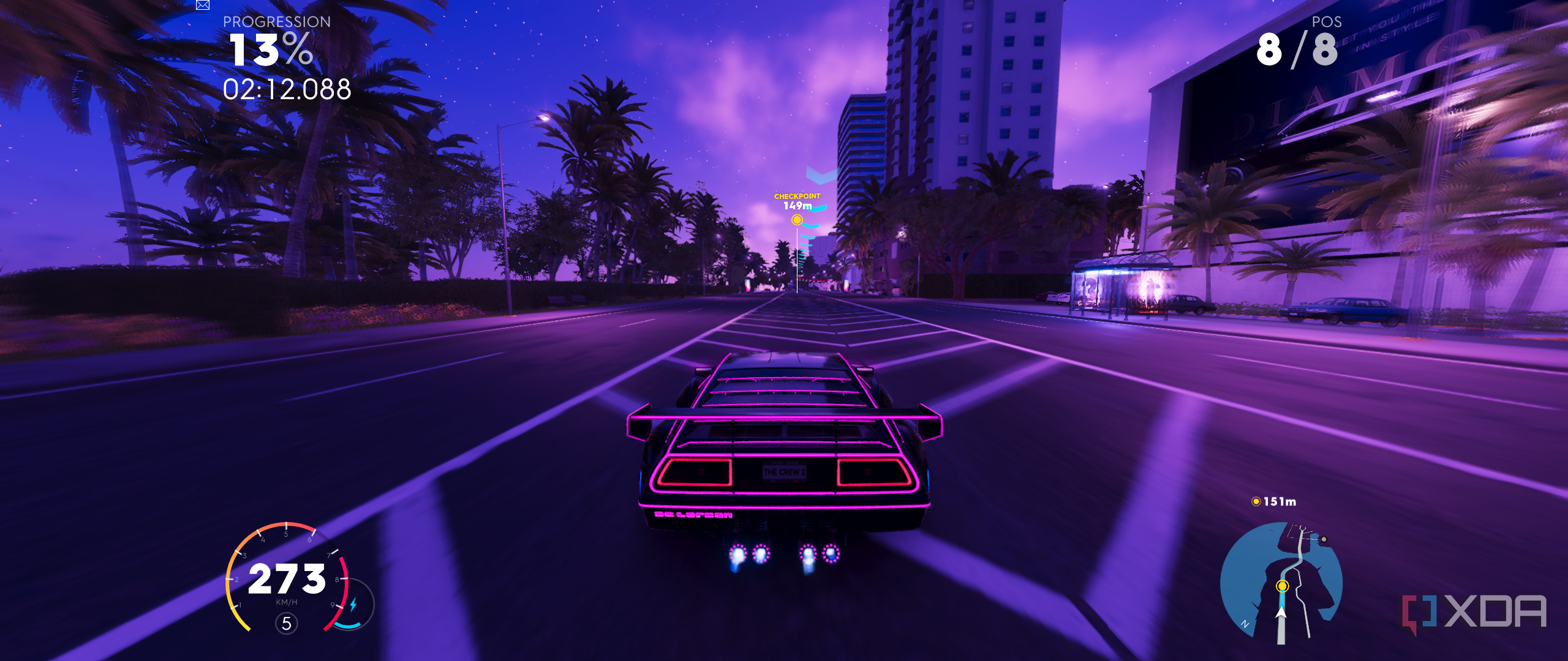 the crew 2 running in ultrawide with the player driving a delorean dmc-12