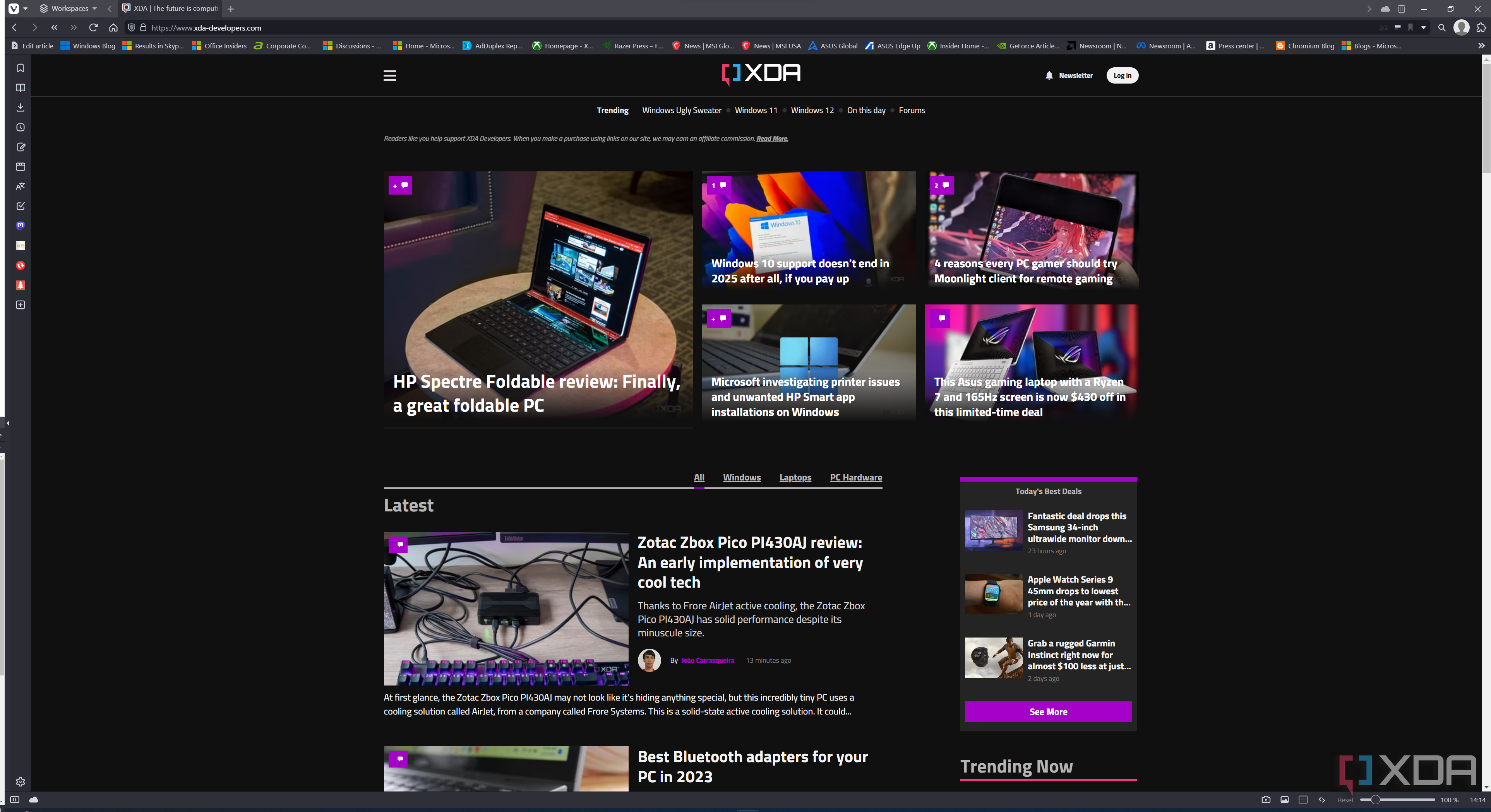 Screenshot of Vivaldi displaying the XDA homepage