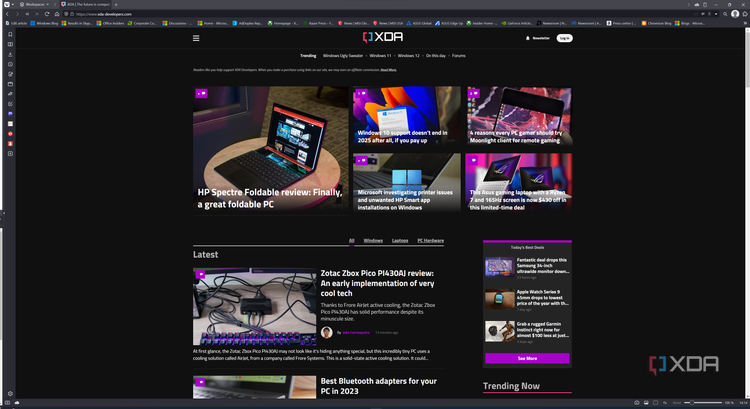 Screenshot of Vivaldi displaying the XDA homepage