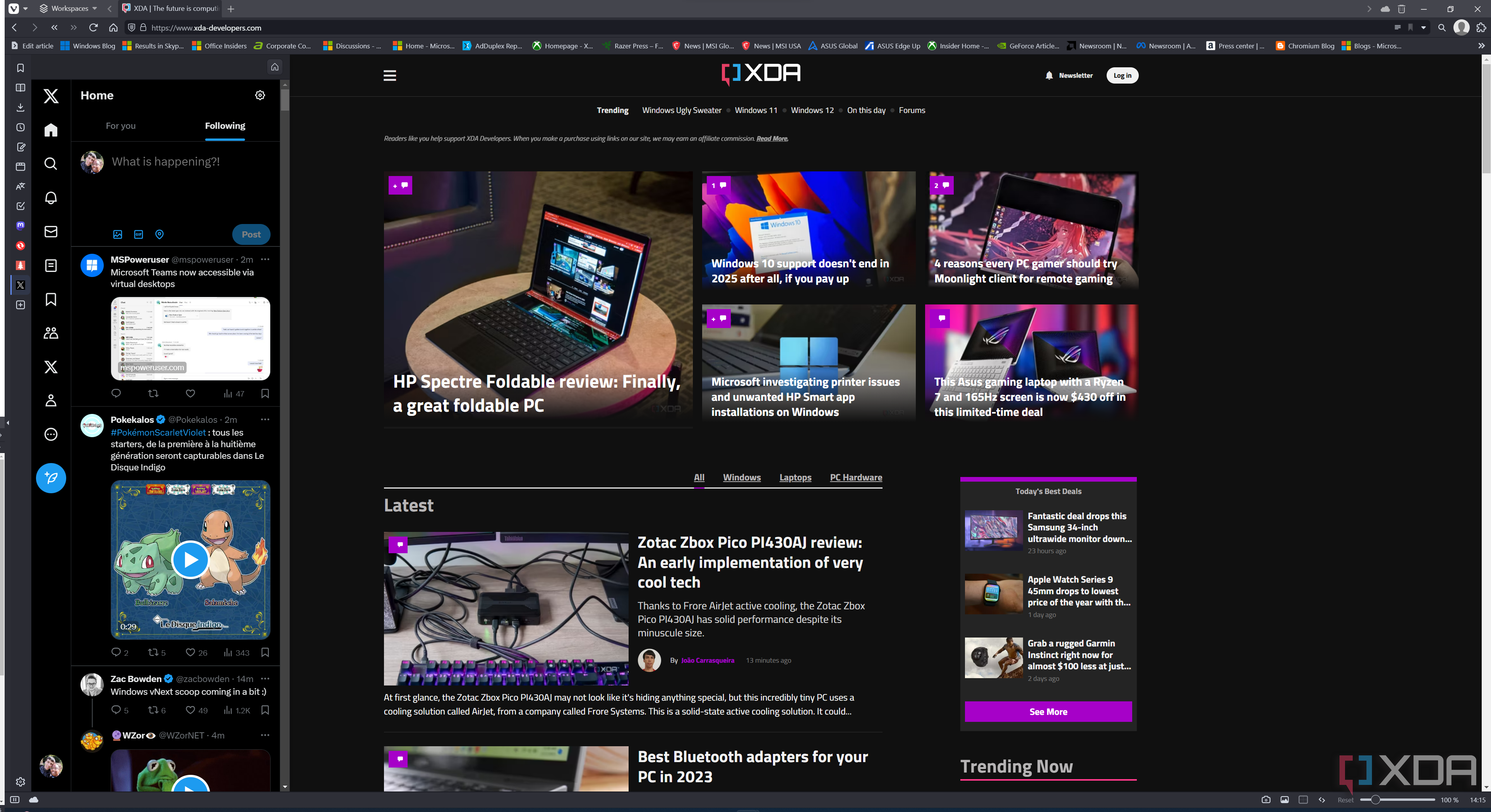 Screenshot of Vivaldi displaying the XDA homepage with an X feed displayed on the sidebar