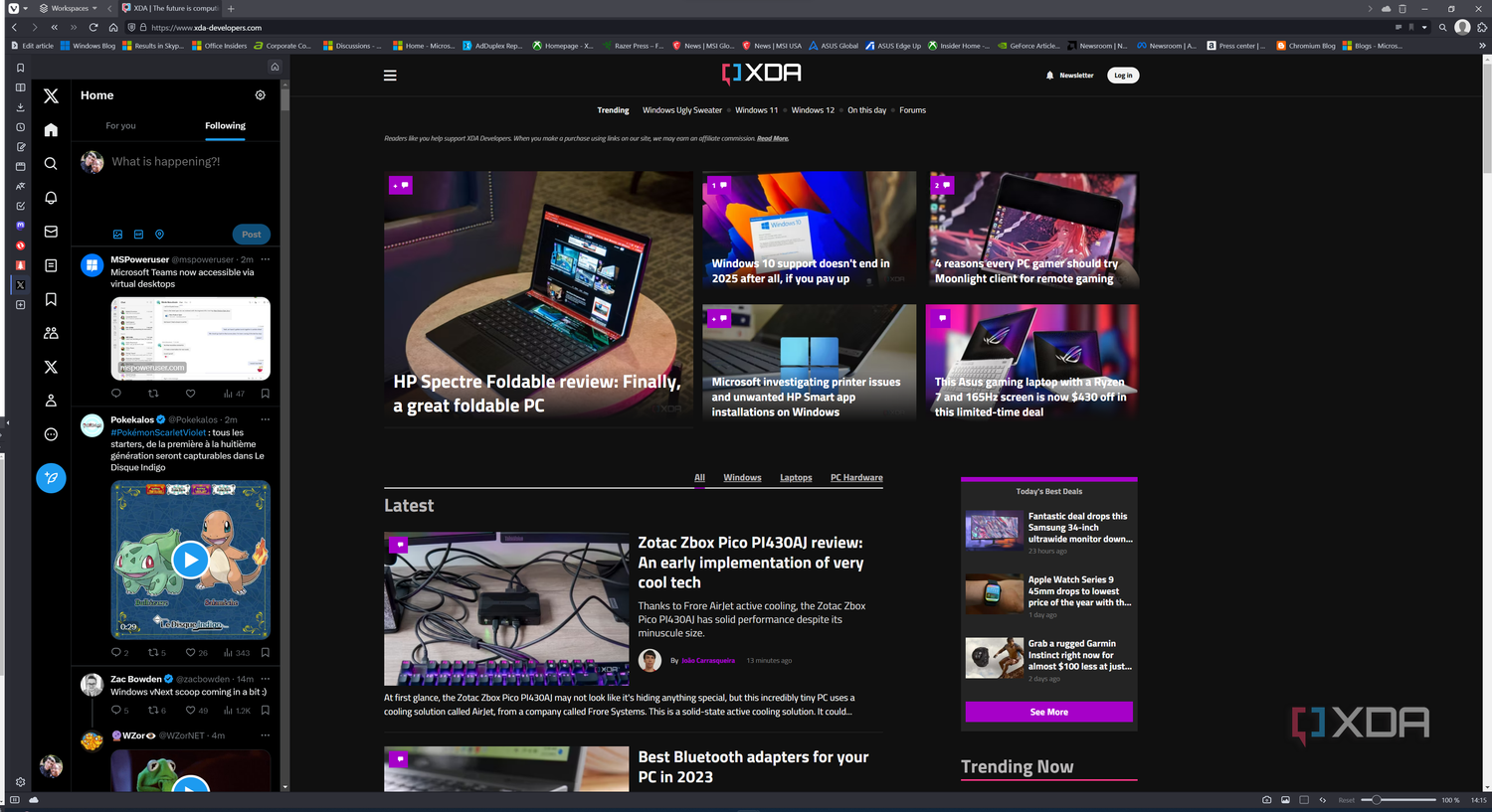 Screenshot of Vivaldi displaying the XDA homepage with an X feed displayed on the sidebar