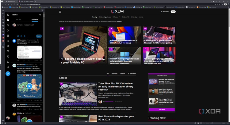 Screenshot of Vivaldi displaying the XDA homepage with an X feed displayed on the sidebar