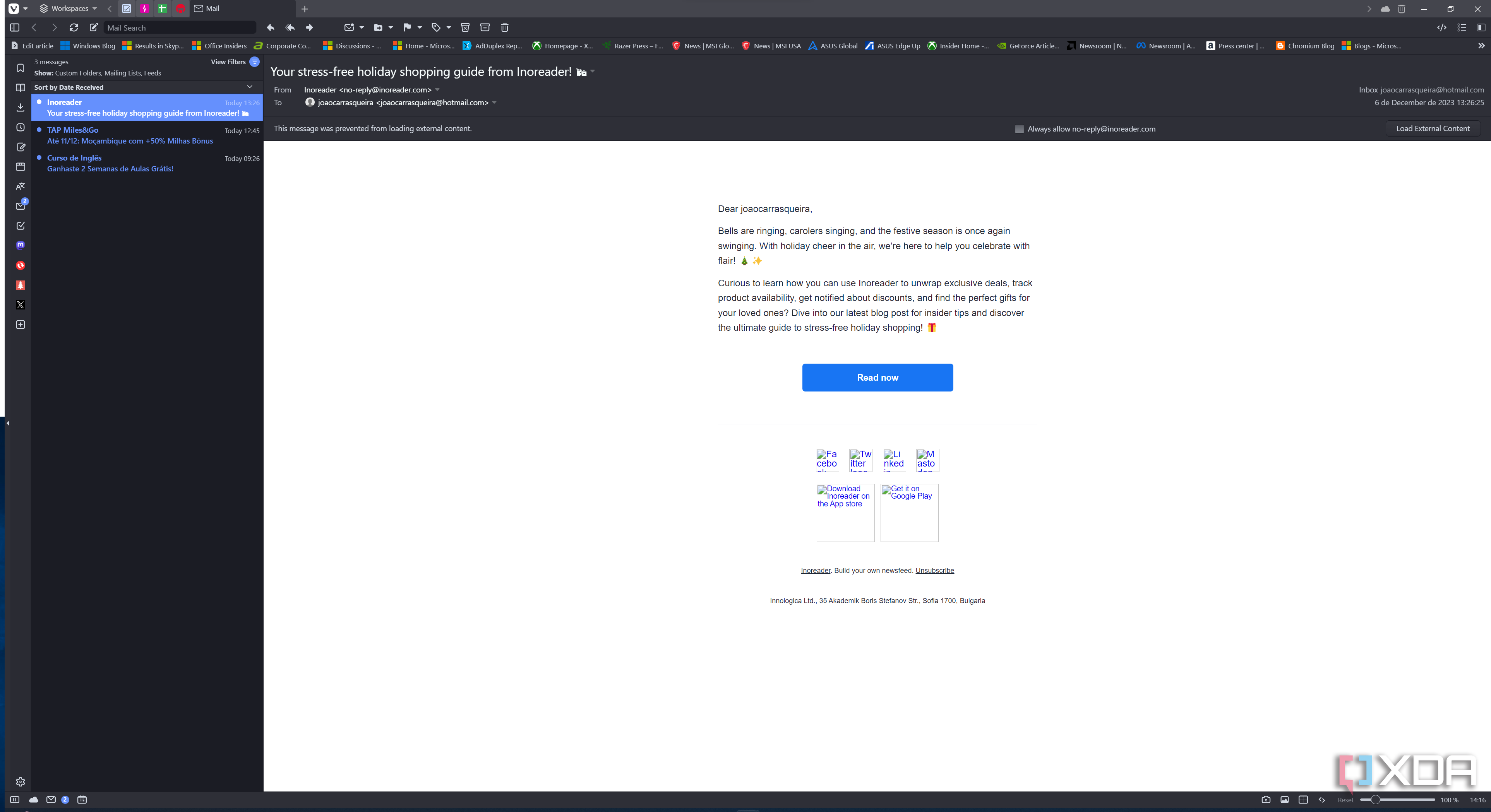 Screenshot of the email client in Vivaldi