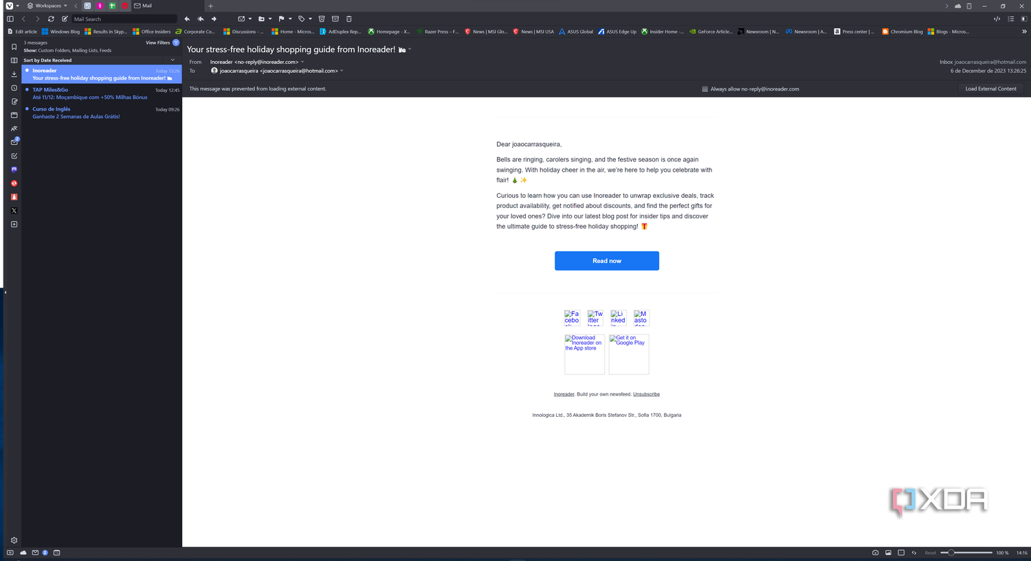 Screenshot of the email client in Vivaldi