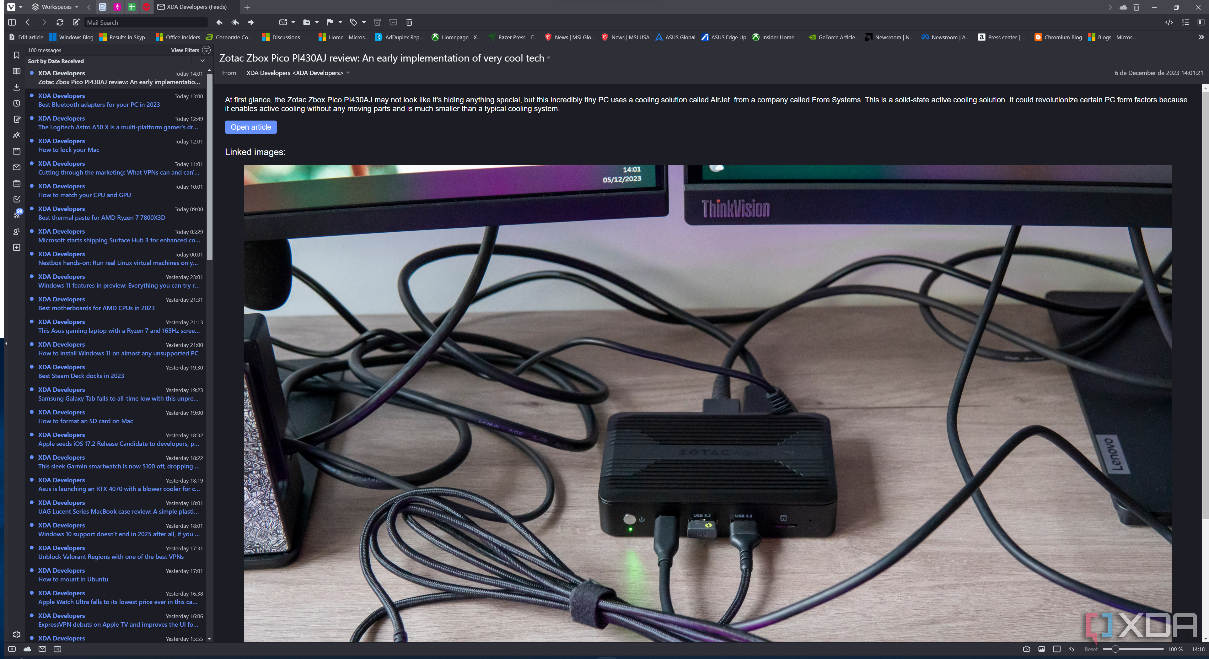 Screenshot of the feed reader in Vivaldi