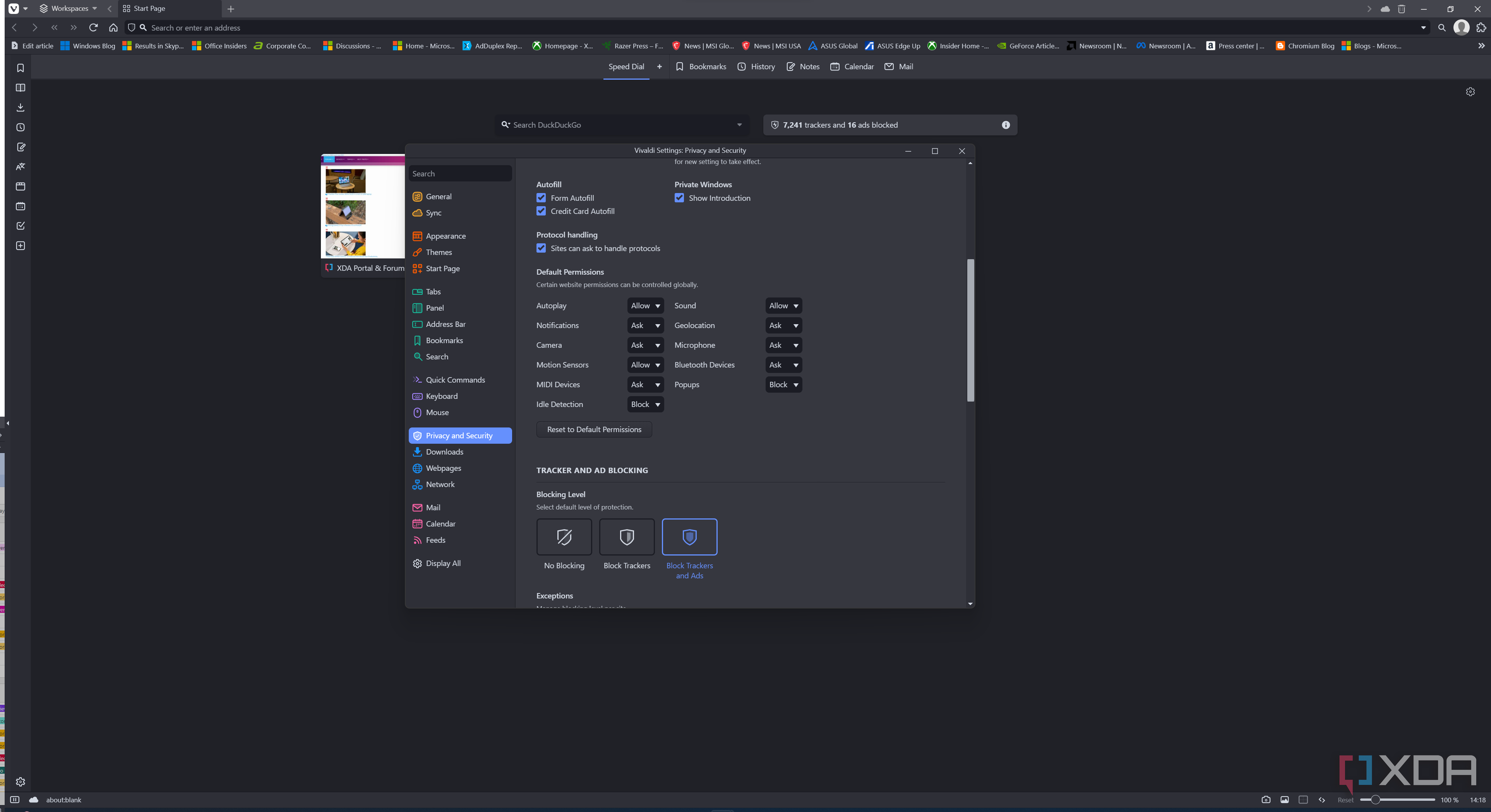 Screenshot of Vivaldi showing the settings window