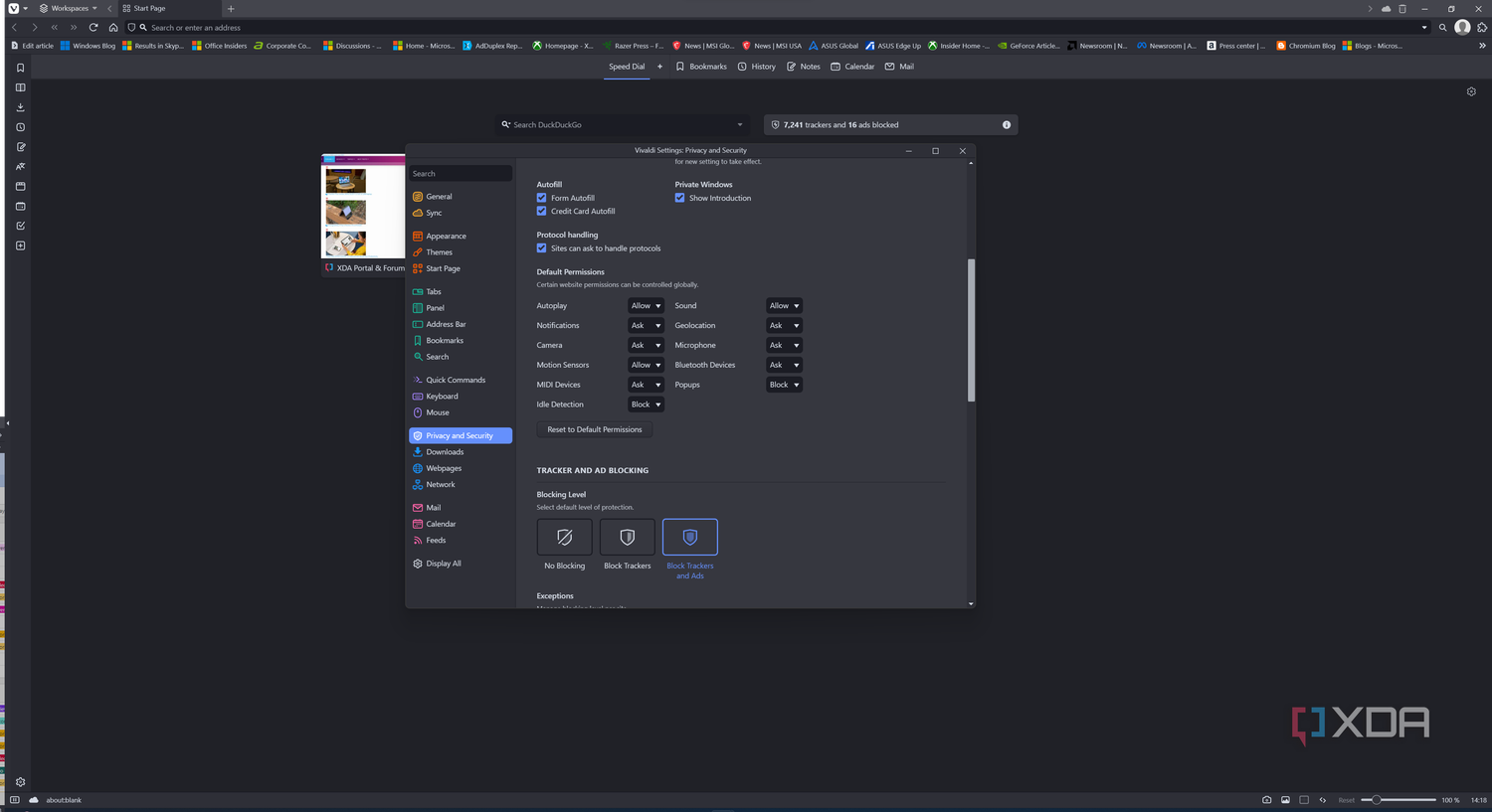 Screenshot of Vivaldi showing the settings window