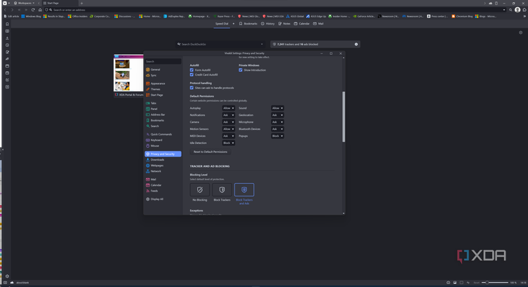 Screenshot of Vivaldi showing the settings window