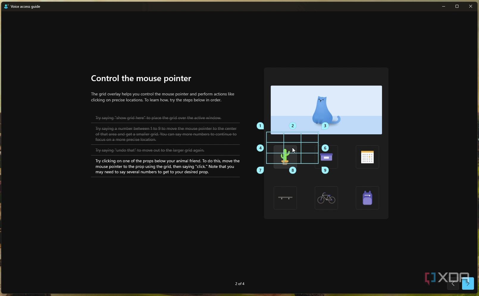 Screenshot of the voice access guide with a small gride focusing on an item to be selected