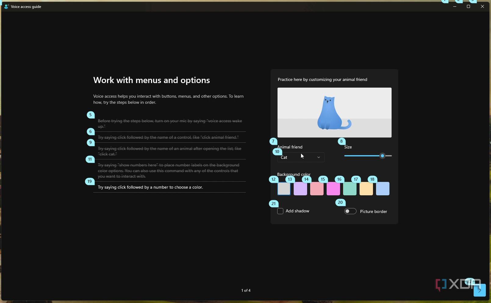 Screenshot of voice access guide after saying the show numbers command