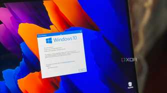 A photo of the Windows 10 logo on a Samsung laptop
