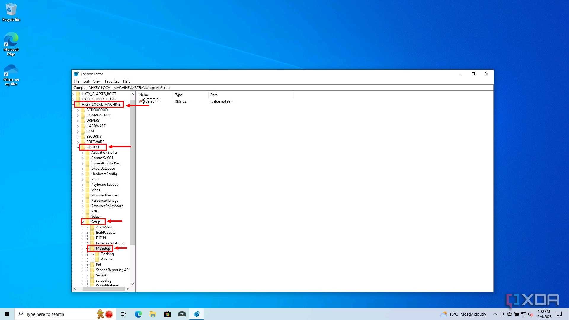 Screenshot of Registry Editor in Windows 10 showing the folder structure of the current location