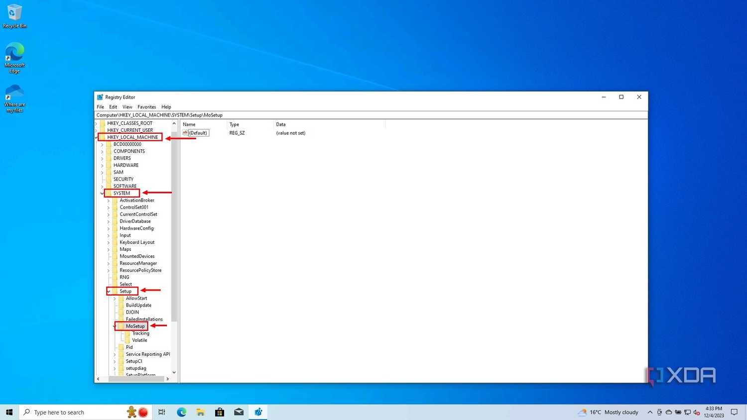 Screenshot of Registry Editor in Windows 10 showing the folder structure of the current location