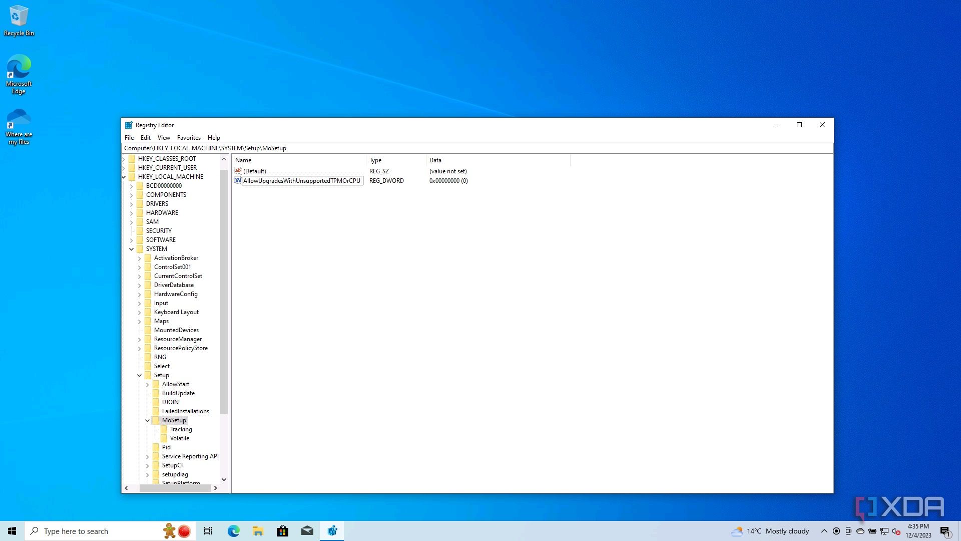 Screenshot of registry editor showing a value to allow Windows 11 upgrades on unsupported CPUs and TPMs