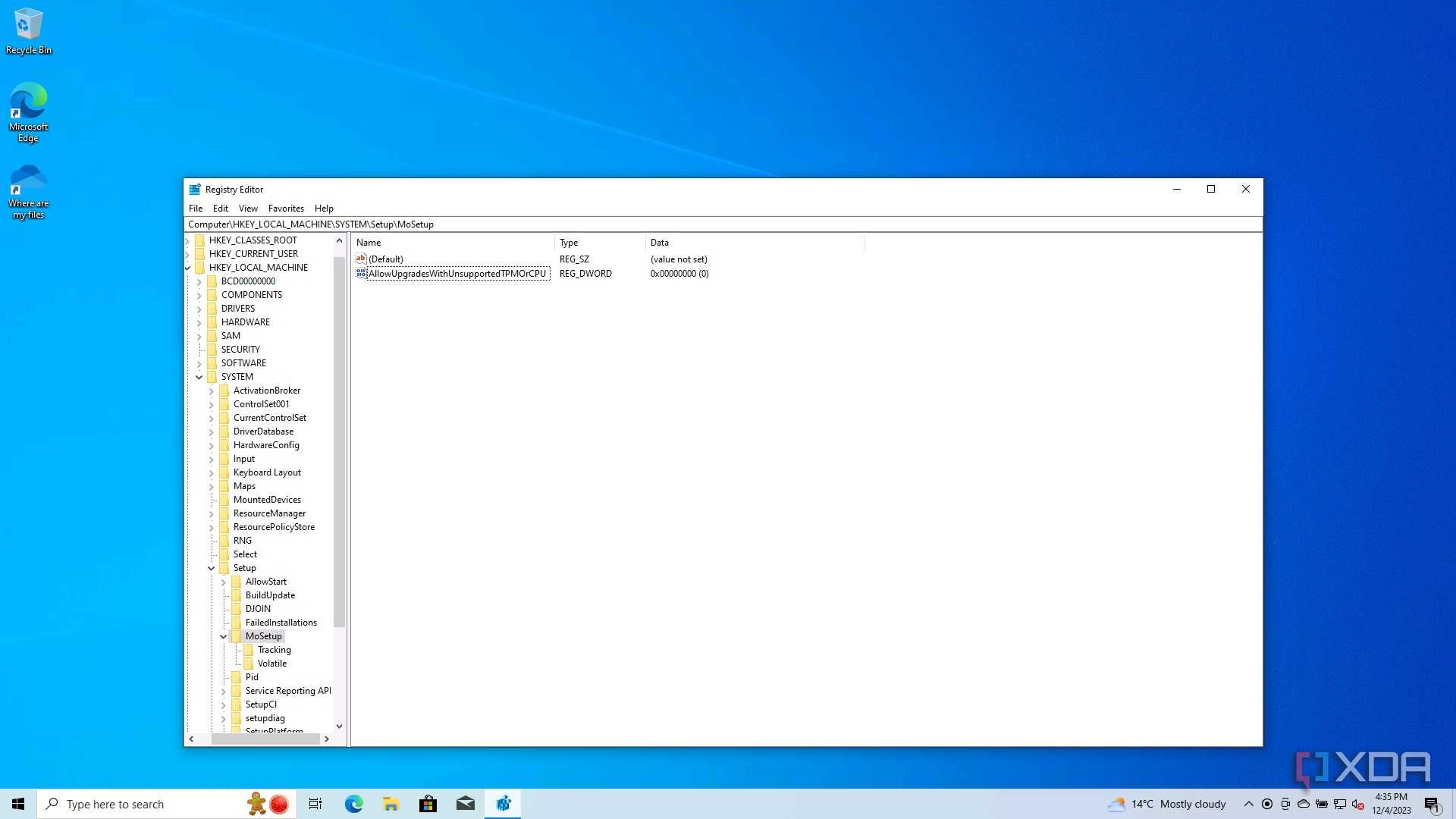 Screenshot of registry editor showing a value to allow Windows 11 upgrades on unsupported CPUs and TPMs