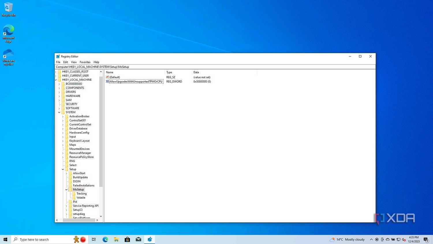 Screenshot of registry editor showing a value to allow Windows 11 upgrades on unsupported CPUs and TPMs