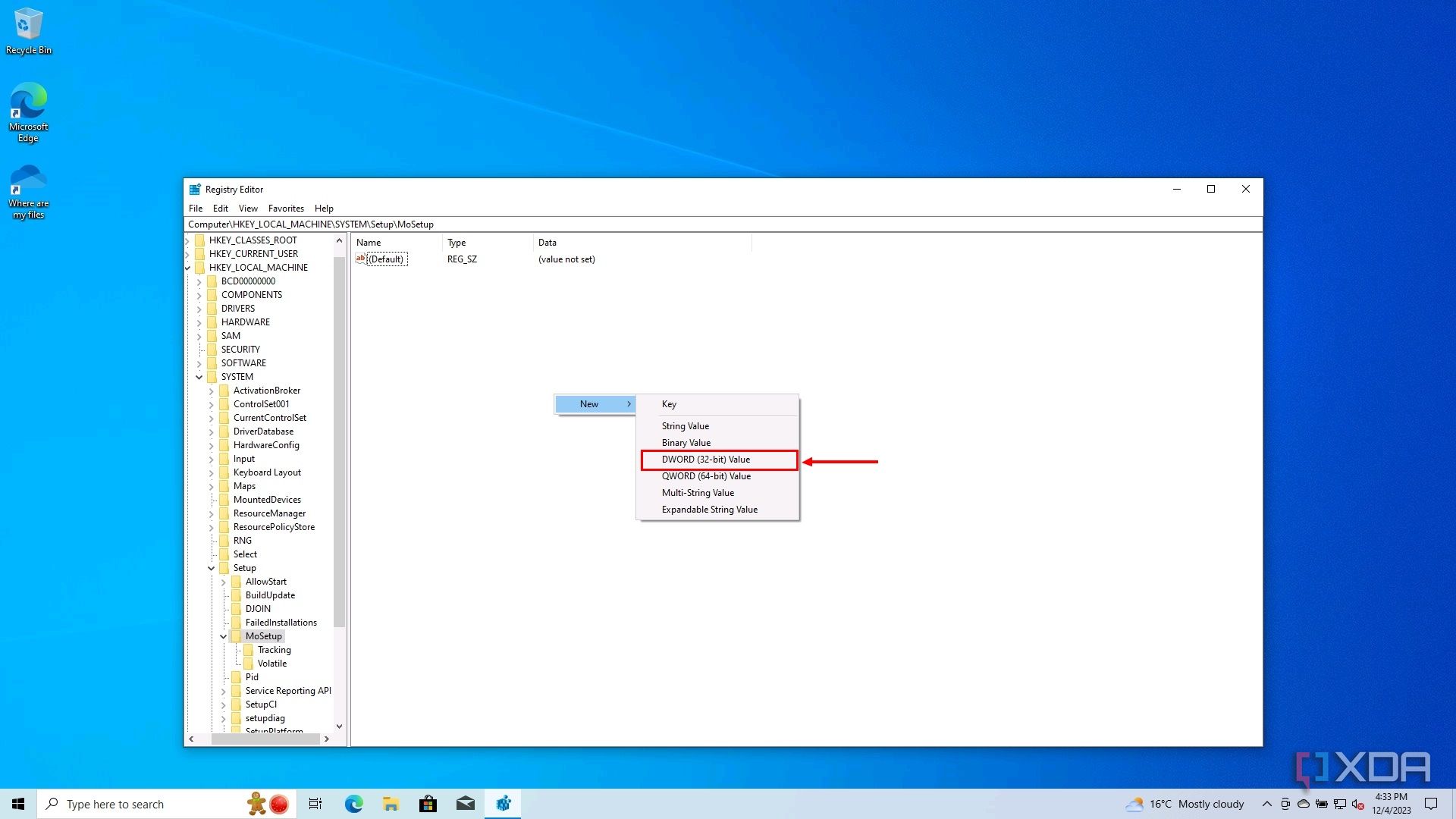 Screenshot of Registry Editor with a context menu open and the DWORD (32-bit value) option highlighted