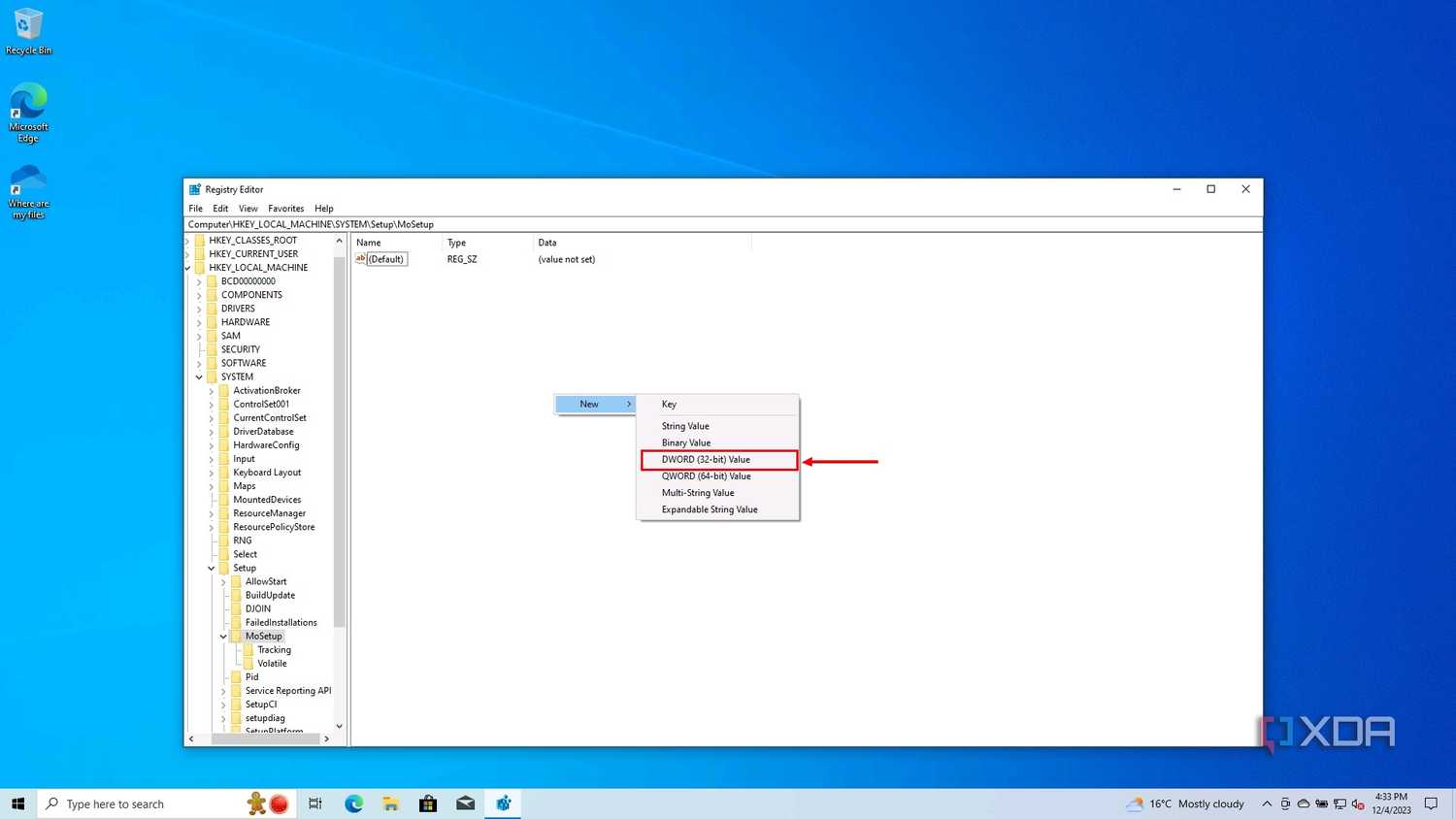 Screenshot of Registry Editor with a context menu open and the DWORD (32-bit value) option highlighted