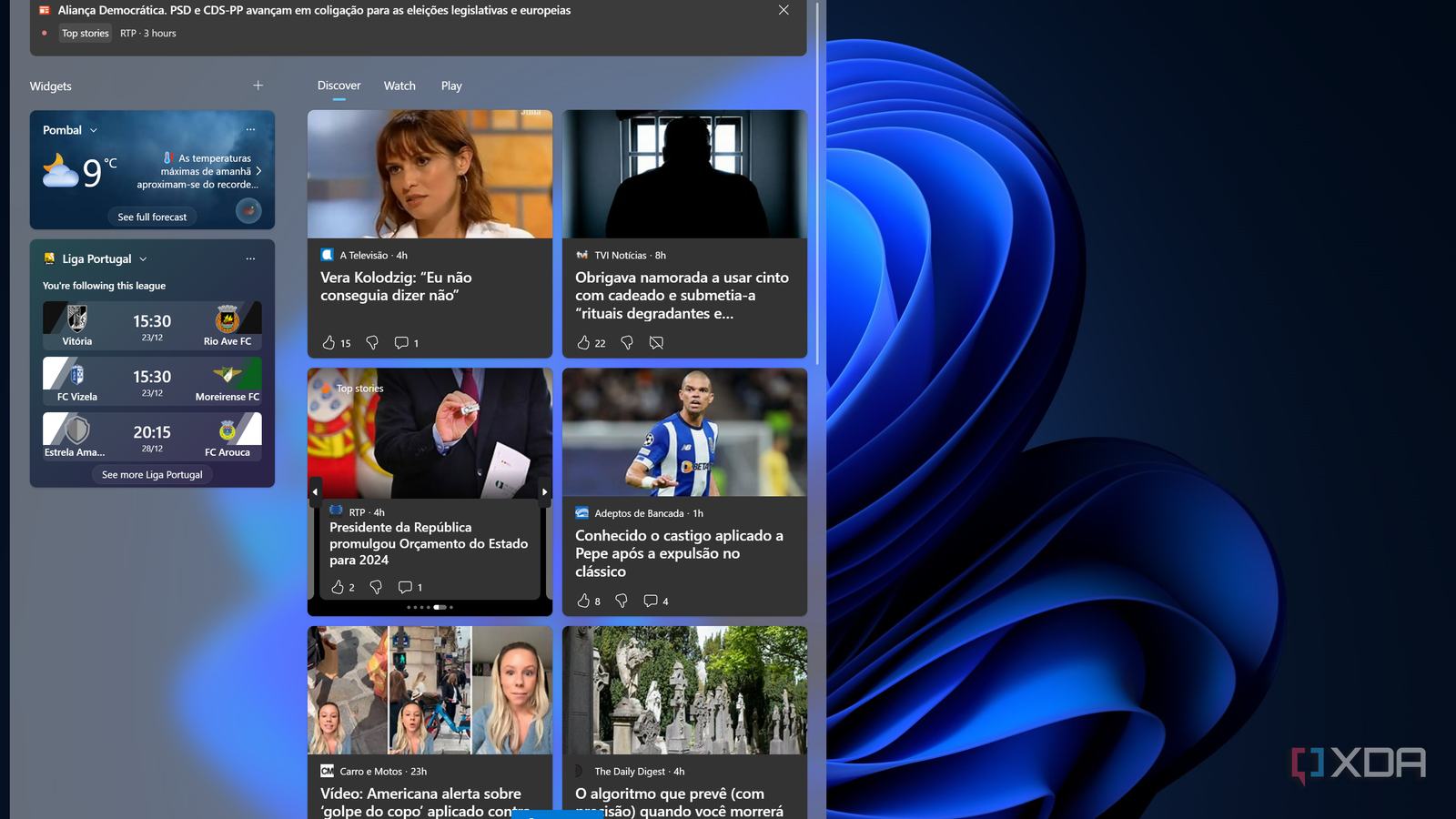 Screenshot of a Windows 11 desktop with the Widgets panel open