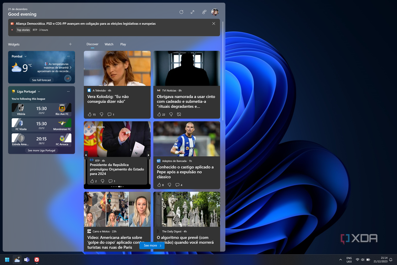 Screenshot of a Windows 11 desktop with the Widgets panel open