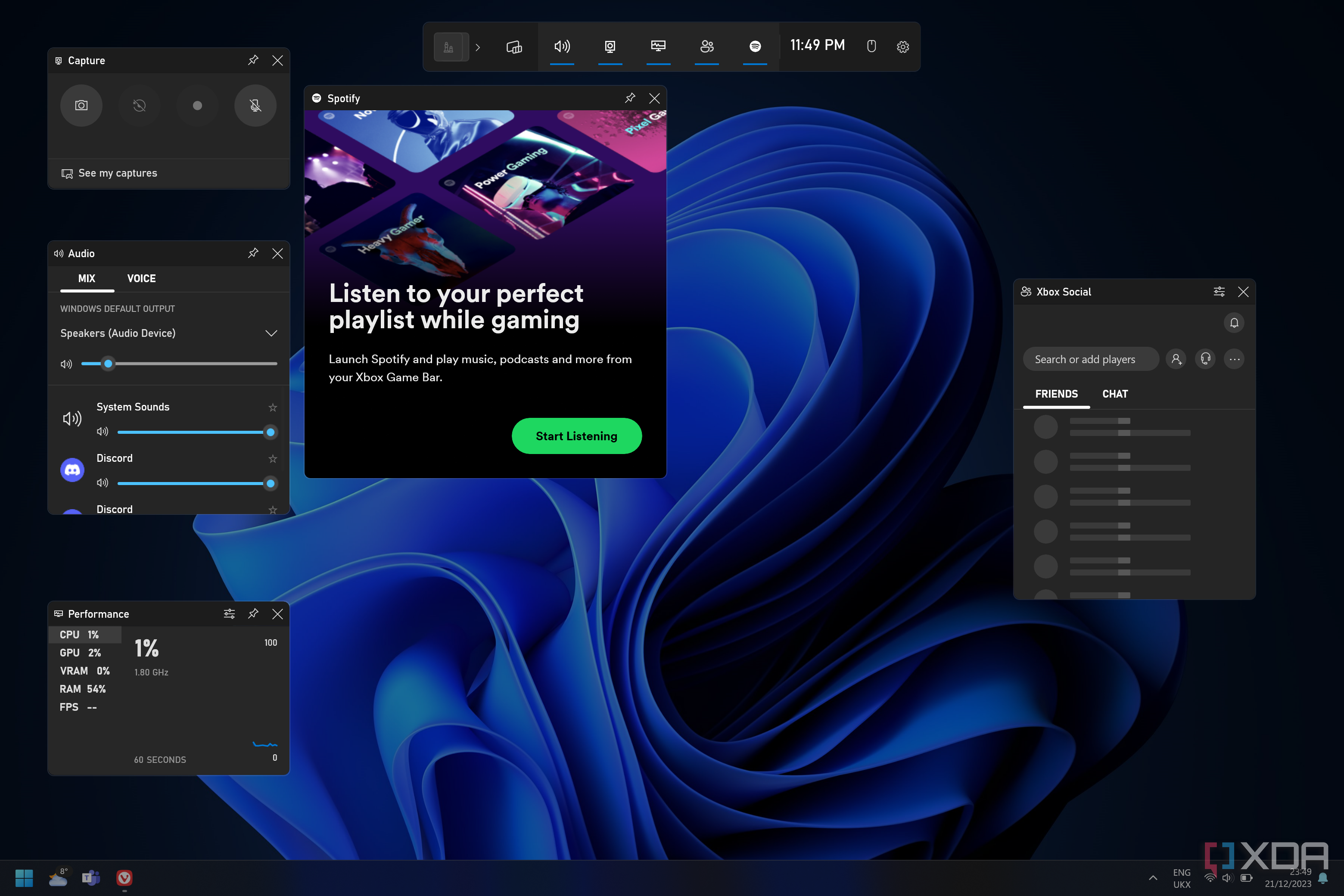 Screenshot of the Game Bar UI on a Windows 11 desktop