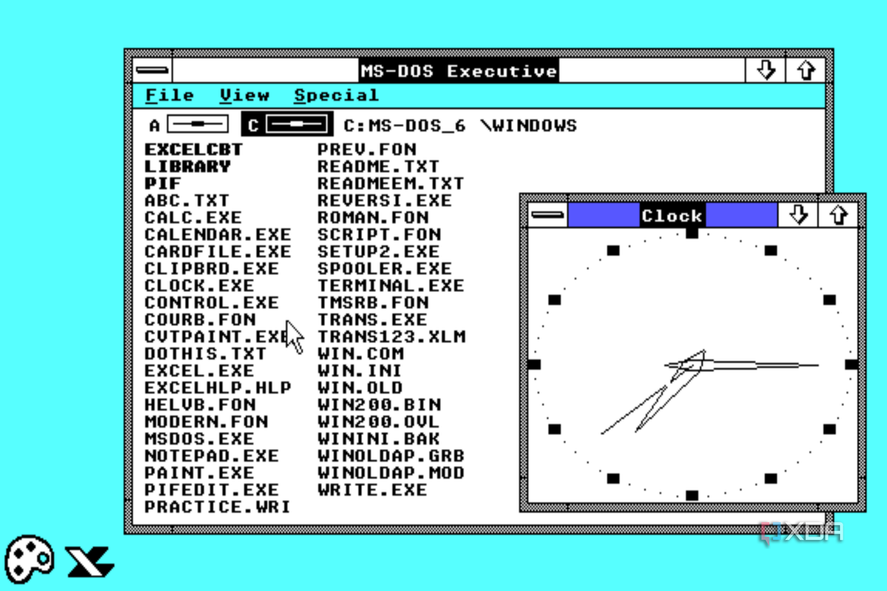 Screenshot of Windows 2.0 displaying MS-DOS Executive and Clock apps. Paint and Excel are minimized