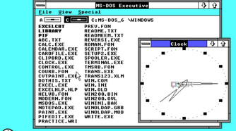 Screenshot of Windows 2.0 displaying MS-DOS Executive and Clock apps. Paint and Excel are minimized