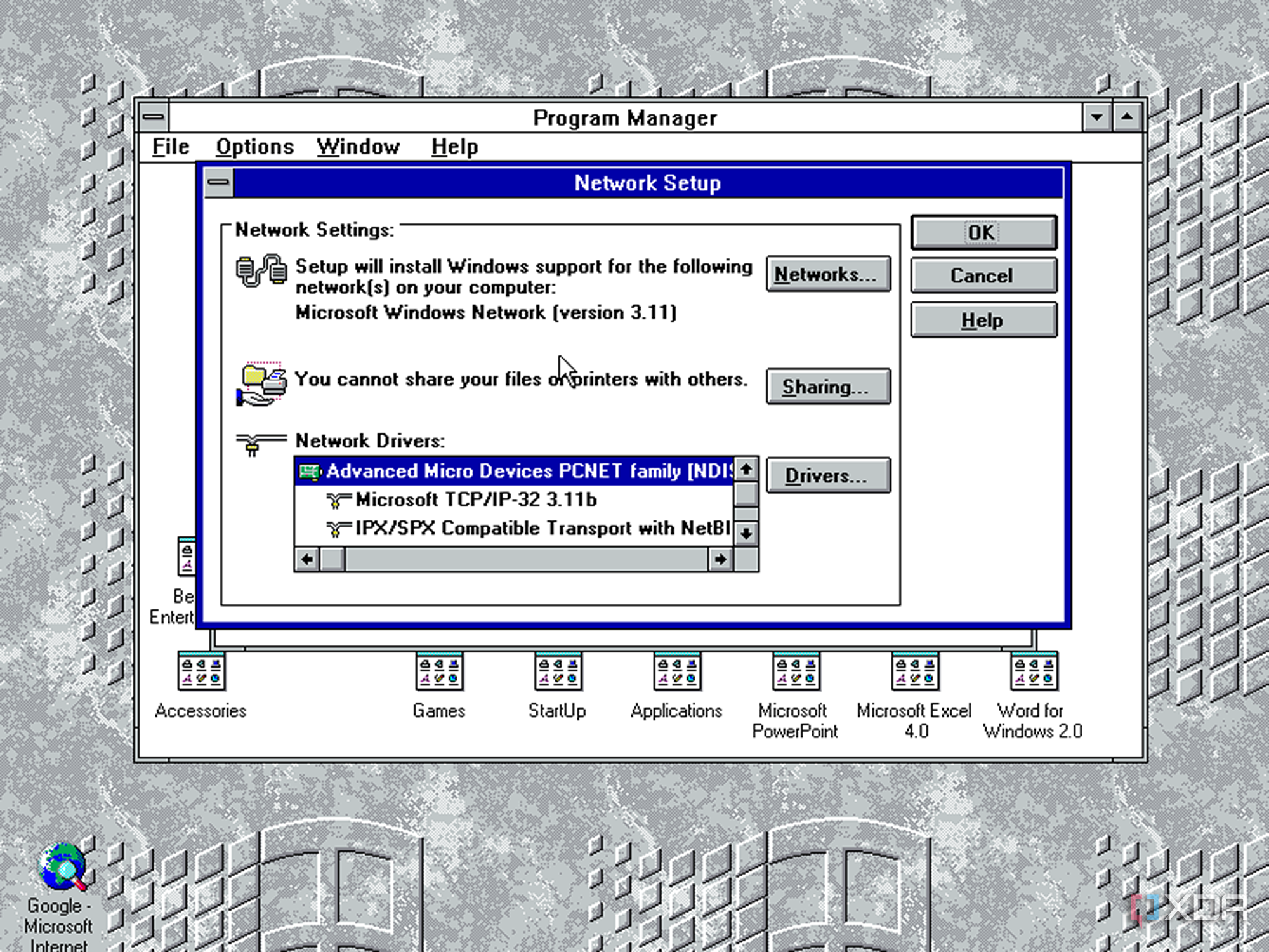 Screenshot of Windows 3.11 Network setup