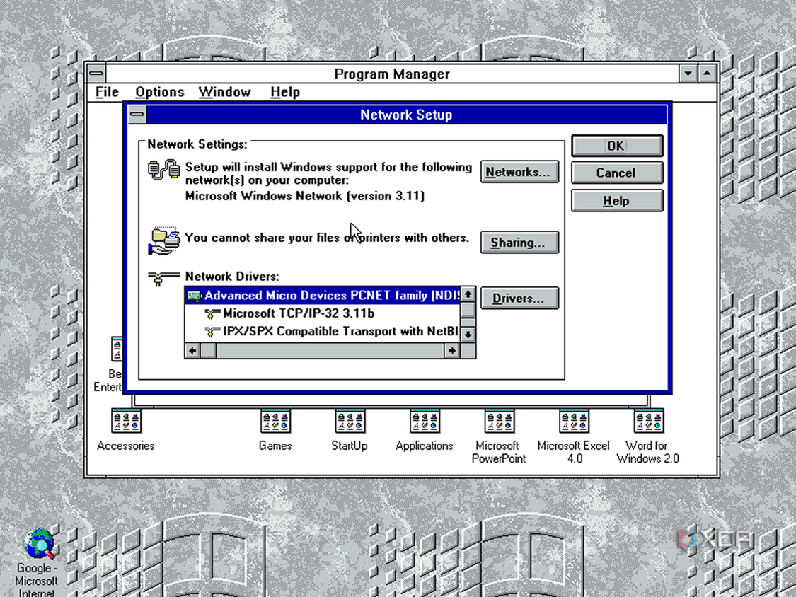Screenshot of Windows 3.11 Network setup