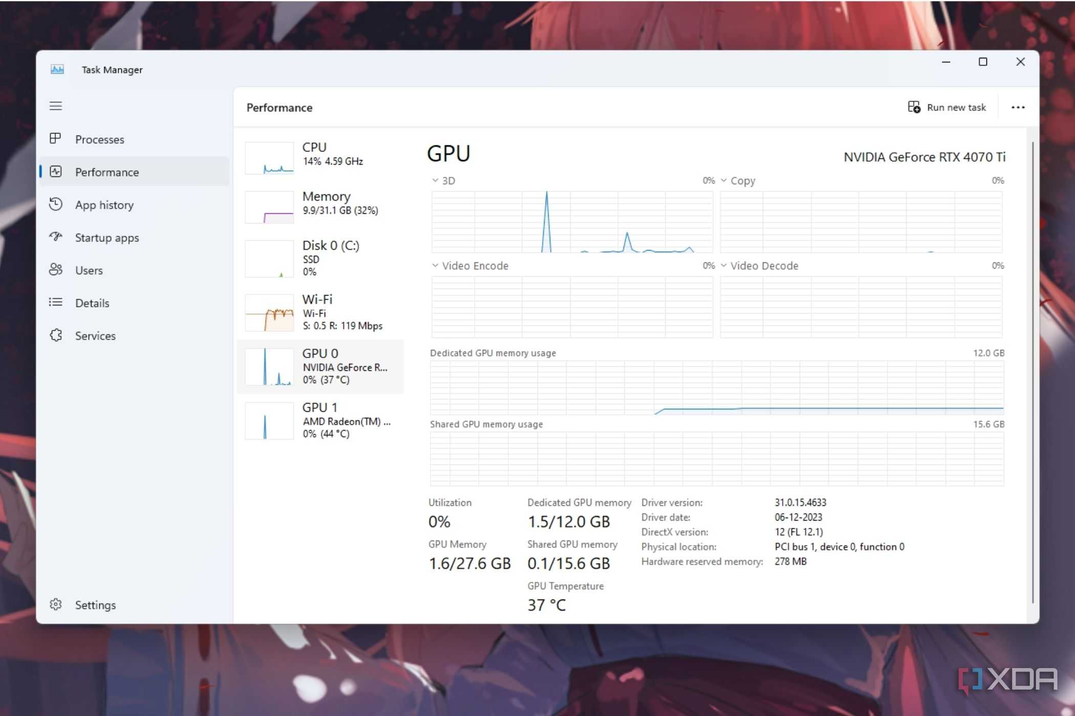 A screenshot showing the GPU usage stats in Windows task manager.