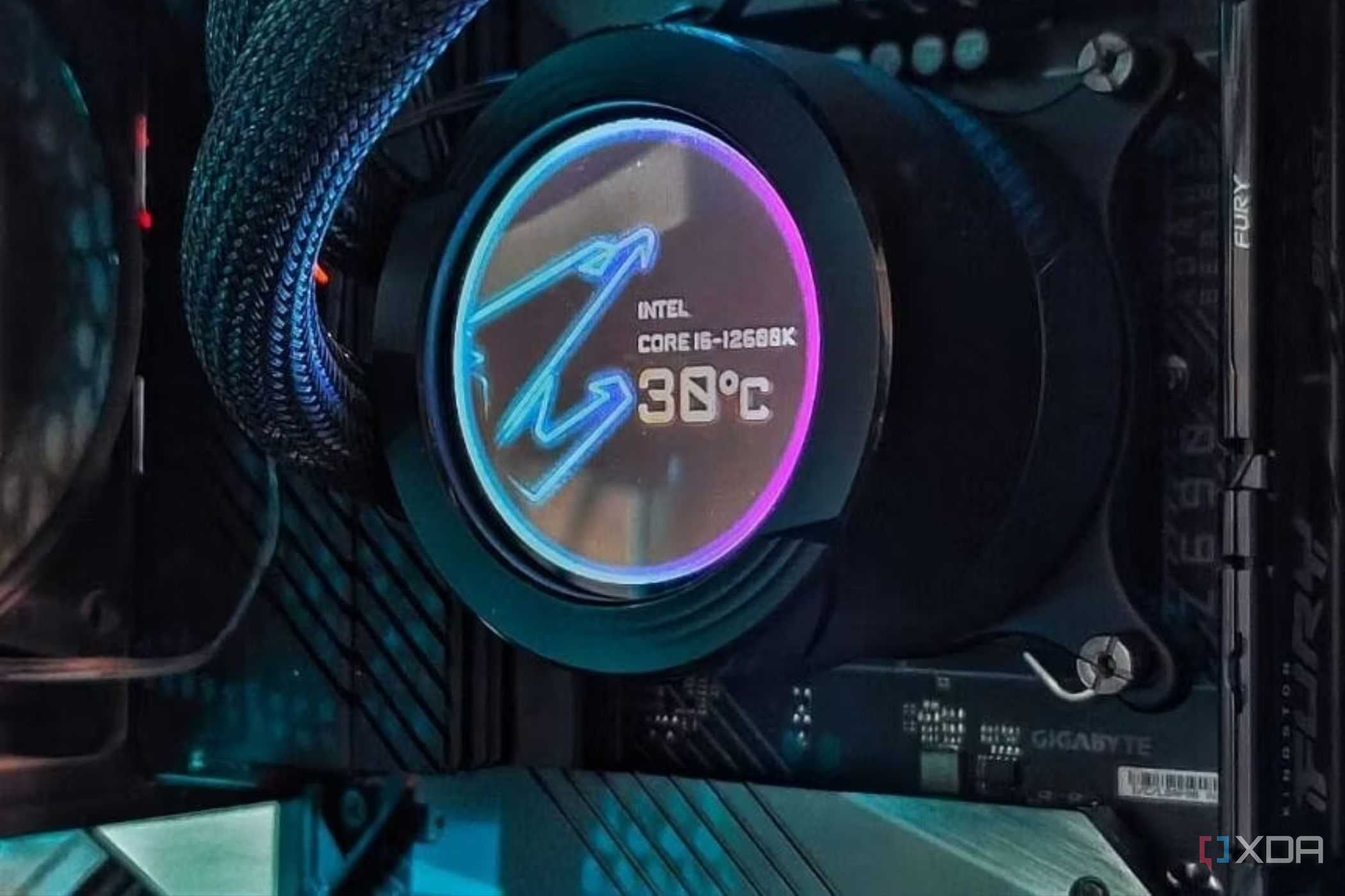 An image showing a liquid cooler waterblock displaying the CPU temperature.