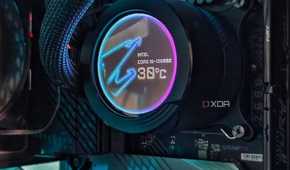 An image showing a liquid cooler waterblock displaying the CPU temperature.